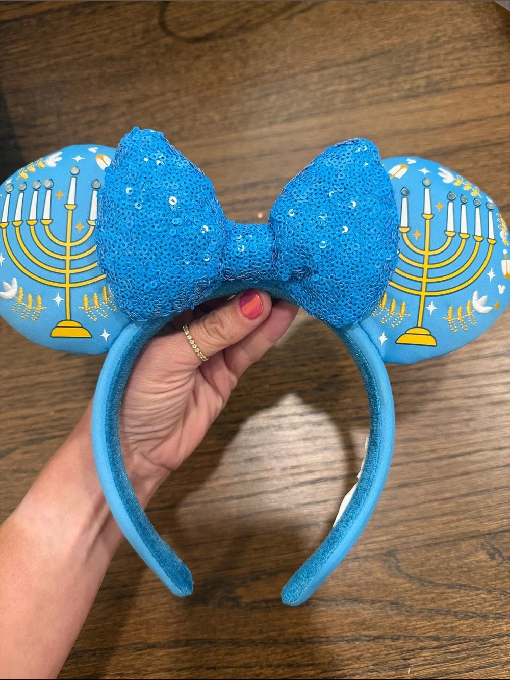 Disney Blue Hanukkah Menorah Sequin Bow Minnie Ears Headband